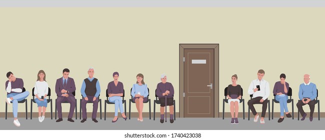 People sitting on chairs in corridor and waiting in the queue turn the door