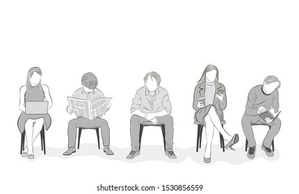 people are sitting on chairs. everyone is busy with his own business. vector illustration.