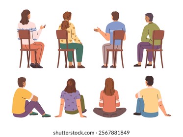 People sitting on chairs and floor rear view. Vector set of young men and women characters on lecture. Students of university, college scholars or business persons on meetings, look from behind