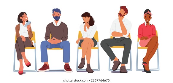 People Sitting On Chairs Isolated White Background. Male and Female Characters With Different Facial Expression and Hand Gestures. Corporate, Business, Educational Concept. Cartoon Vector Illustration