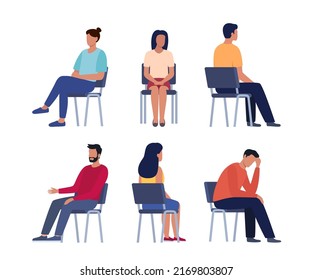 People are sitting on chairs. Men and women sit in different poses on chairs turned from different sides. Vector set