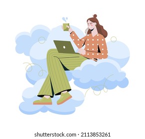 People sitting cloud  Girl and laptop  easy work in comfortable place  freelancer at home  remote employee  Dreams   fantasy  Woman and mug coffee tea  Cartoon flat vector illustration