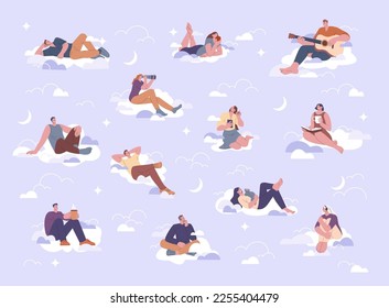 People sitting on clouds in sky. Thinking and dreaming adults, resting, reading and creativity. Men women listen music, relax with cat, kicky vector characters