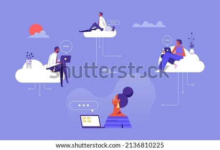 people sitting on the clouds in the sky using laptop and working on a cloud, social networking and texting using cloud storage, Cloud computing technology concept