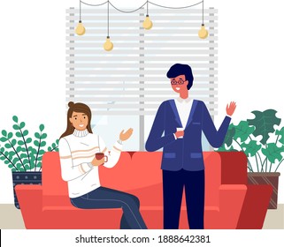 People sitting on the couch and converse. Cartoon characters are talking in living room interior. Meeting friends in a cozy atmosphere. The girl communicates with a man, drink coffee during the break