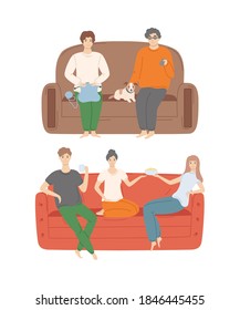 People sitting on couch with dog pet. Family gathering at home enjoying their free time together, indoor leisure activities isolated cartoon style people