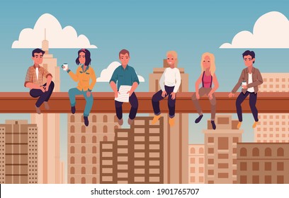 People sitting on crossbeam and drink coffee. Business and lifestyle concept. Cartoon character flat vector illustration.