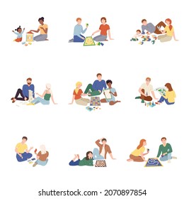 People sitting on the floor and playing board games set. Families having good time together at home cartoon vector illustration