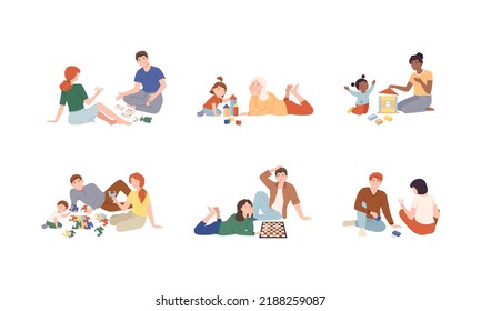 People sitting on floor playing board games set. Parents and kids playing toys together vector illustration