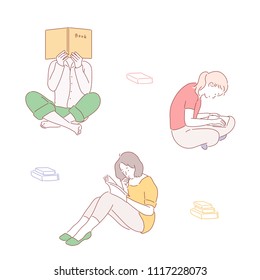 People are sitting on the floor and reading a book. hand drawn style vector doodle design illustrations.