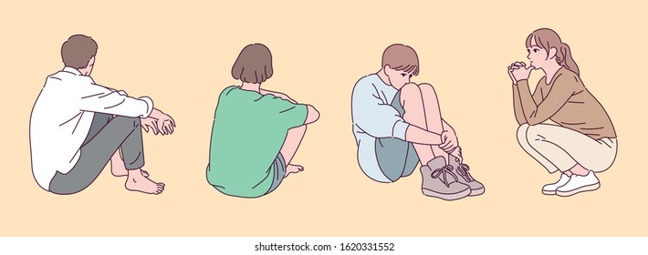 People are sitting the floor and their legs folded  hand drawn style vector design illustrations  