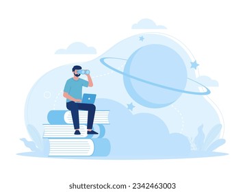 People sitting on giant piles of books, studying knowledge trending concept flat illustration