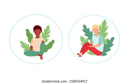 People sitting on the grass set. Teenage boys relaxing on nature cartoon vector illustration