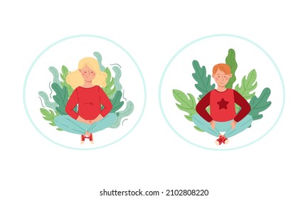 Gente sentada en el pasto. Joven hombre y mujer relajándose y meditando en la ilustración vectorial de la caricatura de la naturaleza