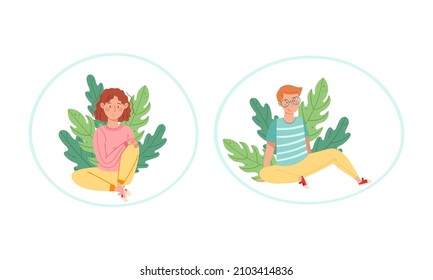 People sitting on the grass set. Boy and girl relaxing on nature cartoon vector illustration