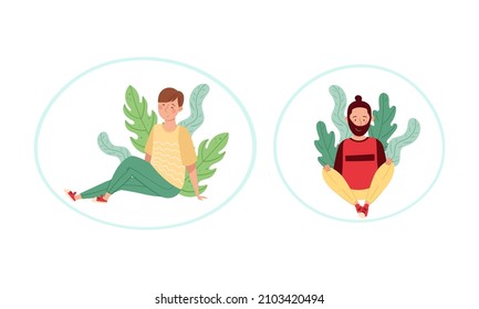 People sitting on the grass set. Young men relaxing on nature outdoors cartoon vector illustration