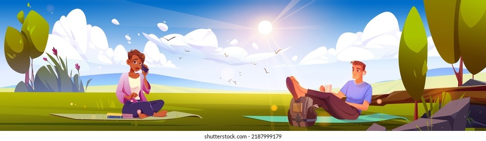 People sitting on lawn in sunny park vector illustration. Young man lying on green grass, looking at pretty young woman talking on phone, smiling. Cartoon characters enjoying relax on summer landscape