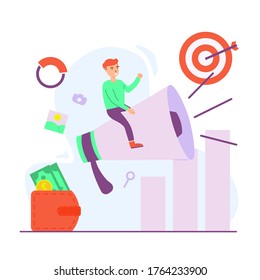 people sitting on megaphone - vector digital marketing in flat style - illustration for landing page