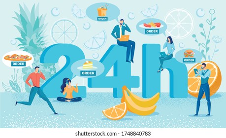 Gente sentada en número pidiendo comida para la cena o el almuerzo. Hombre y mujer hablando en teléfono móvil con pizza, pasteles, fideos asiáticos, carne y frisos franceses, hamburguesa e ilustración vectorial de dibujos planos.