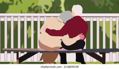 people sitting on a porch.Romantic elder couple sitting in the park with green view in blurred background