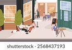 People sitting on restaurant summer terrace. Customers at the cafe tables outdoor. Men and women are outside of coffee shop. City street with urban facade, coffeehouse patio. Flat vector illustration