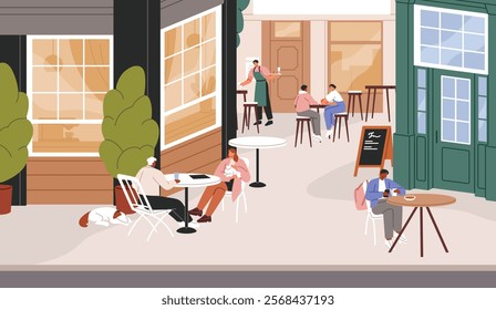 People sitting on restaurant summer terrace. Customers at the cafe tables outdoor. Men and women are outside of coffee shop. City street with urban facade, coffeehouse patio. Flat vector illustration