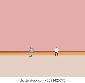 People sitting on sidewalk eating and playing smartphone. City street urban lifestyle. Minimal art design.