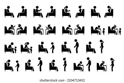 People sitting on a sofa or chair talking and facing each other. Vector illustrations pictogram of stick figure man, woman, elderly, and young child talking face to face with one another.