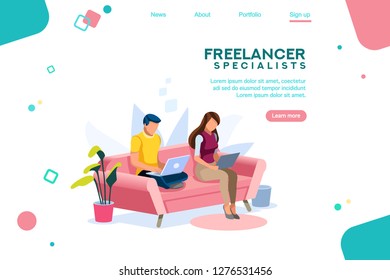 People sitting on sofa or desk, standing with leisure for guys. Internet surfing on computer. Eating character on tablet or laptop. Time online concept, 3d flat isometric style vector illustration.