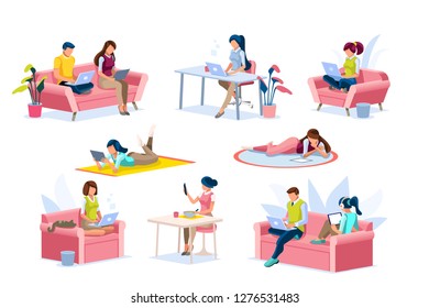 People sitting on sofa or desk, standing with leisure for guys. Internet surfing on computer. Eating character on tablet or laptop. Time online concept, 3d flat isometric style vector illustration.