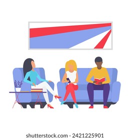 People sitting on sofa, group of male and female characters waiting vector illustration