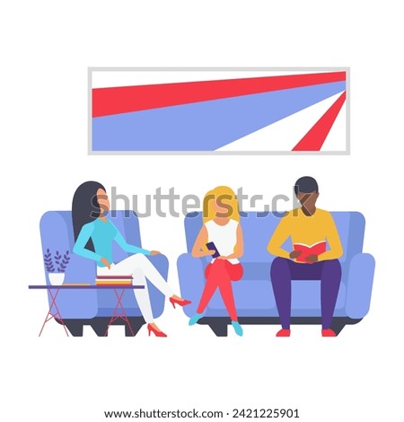 People sitting on sofa, group of male and female characters waiting vector illustration