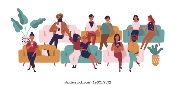 People sitting on sofas in waiting room, hall or area. Funny men and women on couches awaiting movie at cinema isolated on white background. Colorful vector illustration in flat cartoon style.