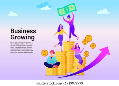 People sitting on stacked coins. Savings or income increase, growth. Flat design vector illustration