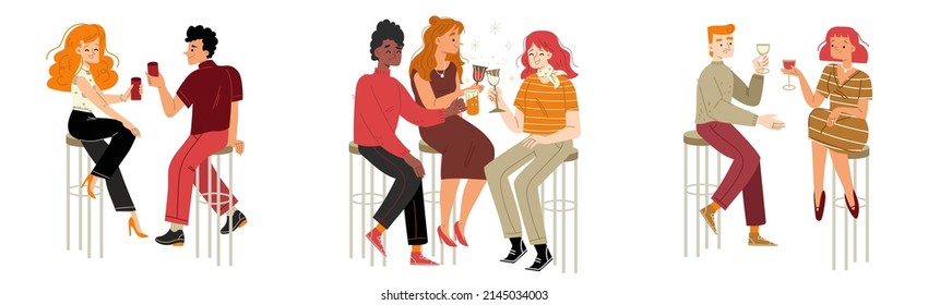 People sitting on stools in bar and drink alcohol. Vector flat illustration of happy women and men with wine and beer in restaurant or cafe. Concept of dating or friend meeting