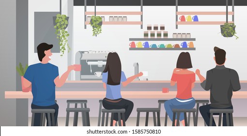 people sitting on stools at cafe counter desk mix race visitors discussing during meeting modern restaurant interior horizontal portrait vector illustration