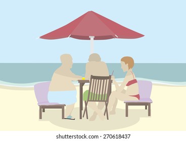 People sitting on sunbeds under parasol drinking and chatting. Seems like a slow afternoon on a hot beach.