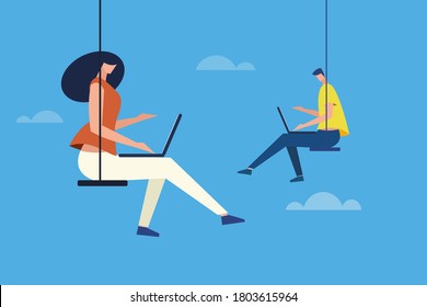 People sitting on a swing and working with laptop in an open sky. Concept for cloud computing