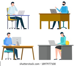 People sitting on their workplaces on chair with laptops or computers. Woman and man working in office in international company. Workers isolated on white background. Vector illustration in flat style