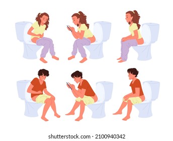 People sitting on toilet bowl set vector illustration. Cartoon man and woman sit and pee, young characters suffering from diarrhea or constipation, using smartphone in restroom isolated on white