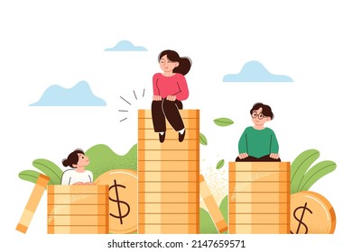 People Sitting On Top Of The Coin Tower. Wealth Accumulation, Difference Concept Business Vector Illustration.