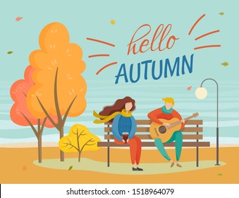 People sitting on wooden bench in park, hello autumn. Couple on date, man playing music on guitar, girl holding coffee cup in hands. Trees with orange leaves at lawn, fall weather, vector illustration
