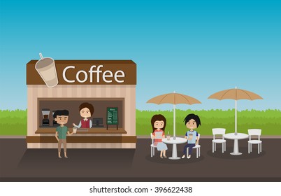 People Sitting At Outdoor Coffee Shop Cartoon Style Vector