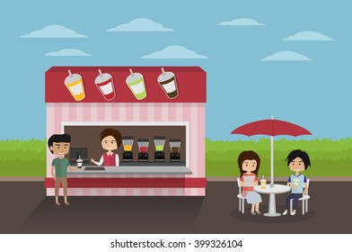 people sitting at outdoor drinks booth cartoon vector