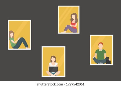 People sitting outside windows of their apartments. Night. Vector illustration.