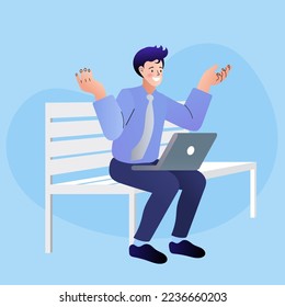 Gente sentada en el parque en el banco. Descanse y disfrute de la tranquilidad al aire libre. Hombre casual navegando por las redes sociales en una laptop. El chico en el sofá usa la computadora para charlar y navegar por internet. Ilustración del vector