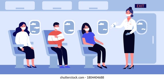 People sitting in plane and wearing facial masks. Protection, virus, coronavirus flat vector illustration. Travelling and pandemic concept for banner, website design or landing web page