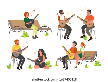 People sitting and playing acoustic guitar set. Adult character with a music instrument. Young perfomer, rock musician. Vector illustration in cartoon style