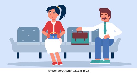 People sitting in queue flat vector illustration. Corporate workers male and female characters. Candidates waiting for job interview isolated on blue background. Rude man and irritated woman