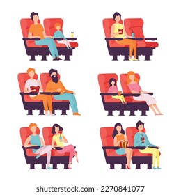 People sitting in red chairs in cinema hall. Visitors watching movie with popcorn buckets and drinks flat vector illustration